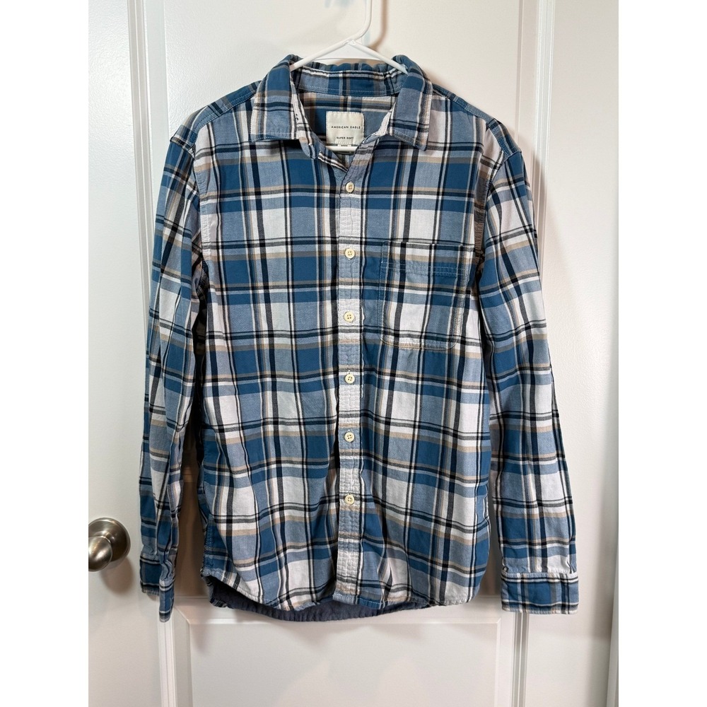 American Eagle Super Soft Plaid Flannel Shirt Mens Medium Blue White Long Sleeve